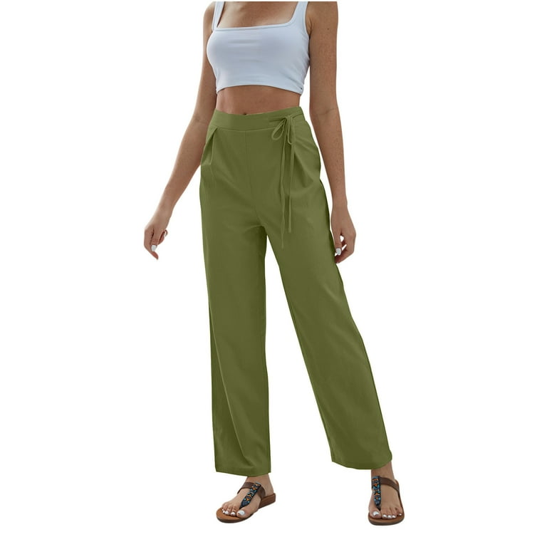 Women s Solid Straight Leg Pants Baggy Lightweight Summer Trousers Comfy High Waist Pull on Pants for Beach Lounge