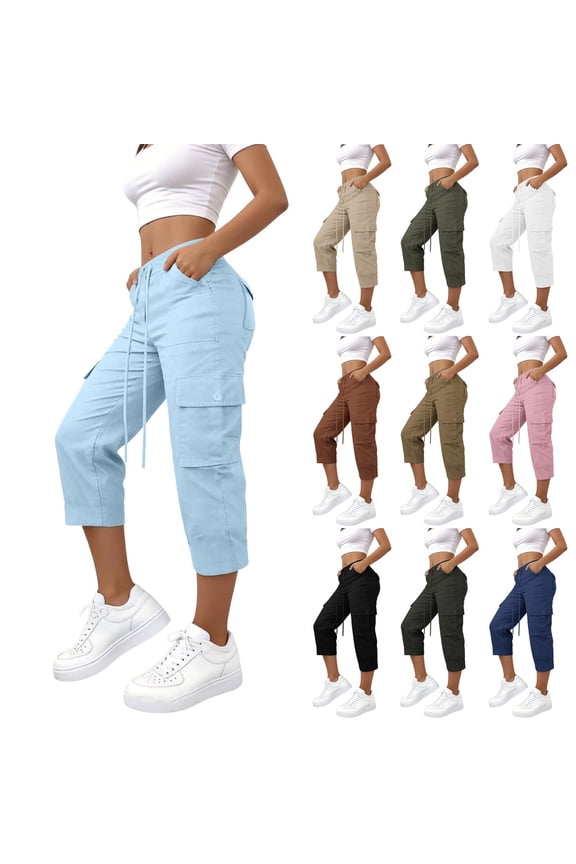 Women's Solid Straight-Leg Stretch Waist Capri Cargo Capris, Convenient Side Pockets Breathable Wrinkle Resistant Fabric, All Season Casual Work Cropped Utility | TruHer,Army Green L