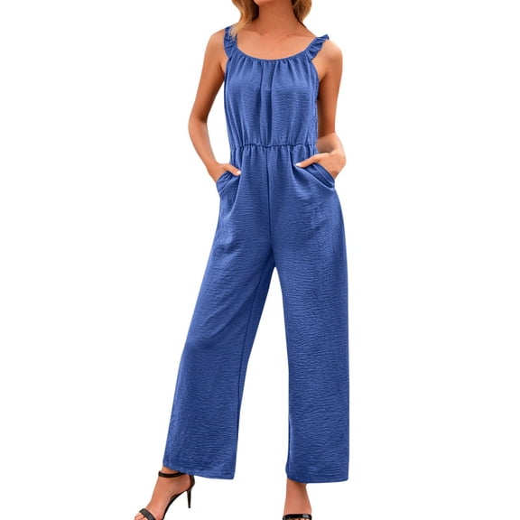Women's Solid Strap Jumpsuit with Elastic Waist, Casual Playsuit, Pocket Equipped, Polyester Spandex, for Casual Occasions, Multiple Sizes