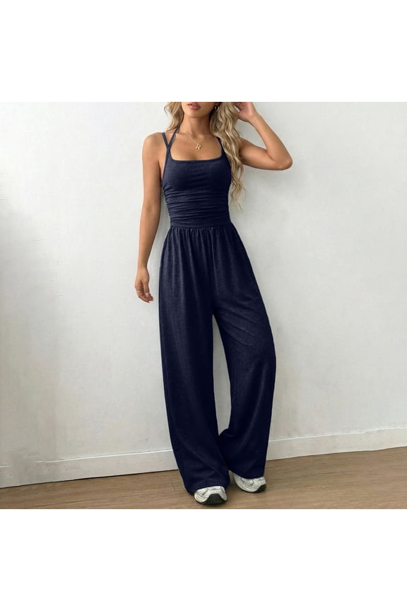 Women's Solid Strapless Halter Neck Wide Leg Jumpsuit, Fashionable Casual Slim Fit Design Blue M