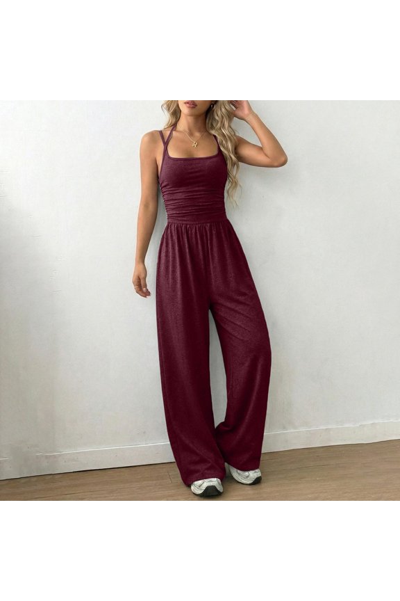 Women's Solid Strapless Halter Neck Wide Leg Jumpsuit, Fashionable Casual Slim Fit Design Red L