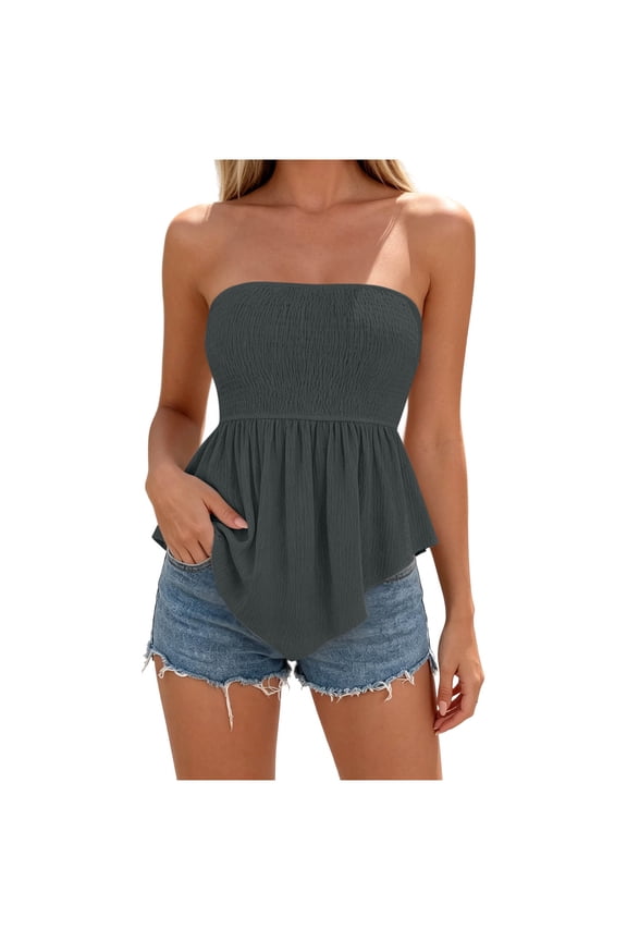 Women's Solid Strapless Tube Top Smocked Bust Flowy Ruffle Waist Irregular Hem Sleeveless Casual Summer Camisole Gray