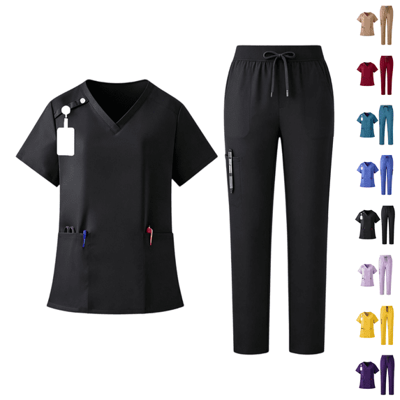 Women's Solid Stretch Medical Uniform Scrub Set V Neck Top Cargo Straight Leg Jogger Pants Black 2XL