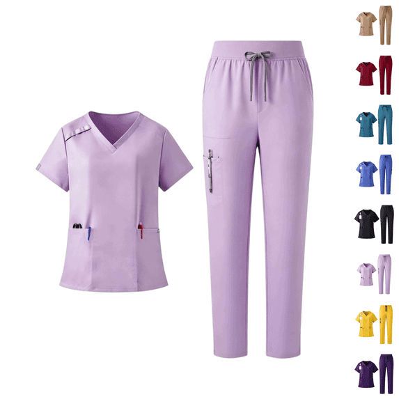 Women's Solid Stretch Medical Uniform Scrub Set V Neck Top Cargo Straight Leg Jogger Pants Purple S