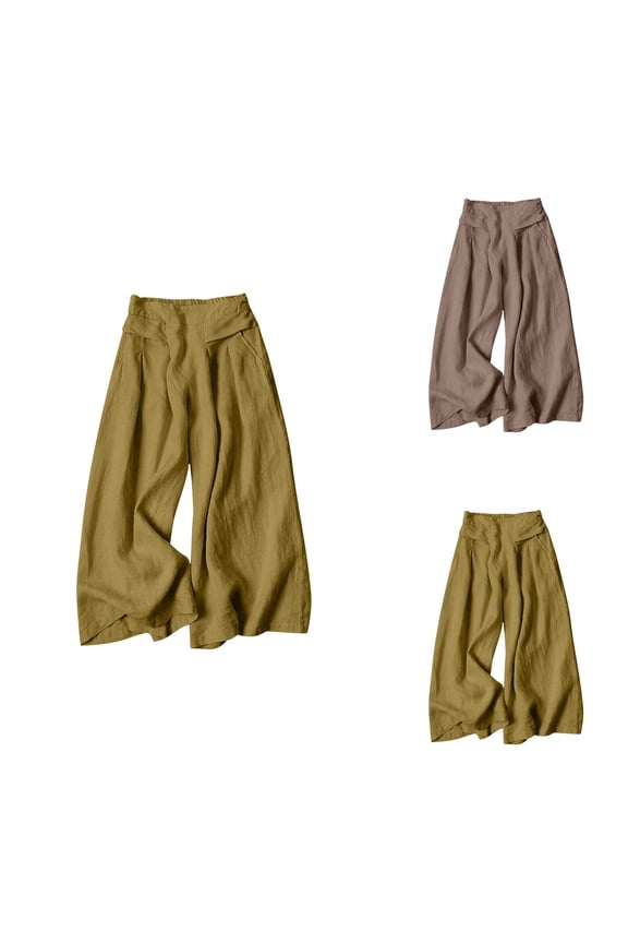 Women's Solid Summer Cotton and Linen High Waist Wide Leg Culottes, Casual Loose Flowy Palazzo Pants with Elastic Waist, Soft Gauze Stretch Trousers