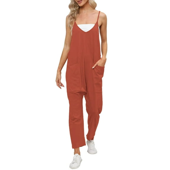 Women's Solid Suspenders Casual Jumpsuit - Adjustable Straps, Pockets, Loose Fit - Polyester, Daily/Leisure - Hand Wash Cold