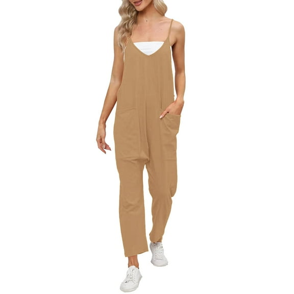 Women's Solid Suspenders Casual Jumpsuit - Adjustable Straps, Pockets, Loose Fit - Polyester, Daily/Leisure - Hand Wash Cold