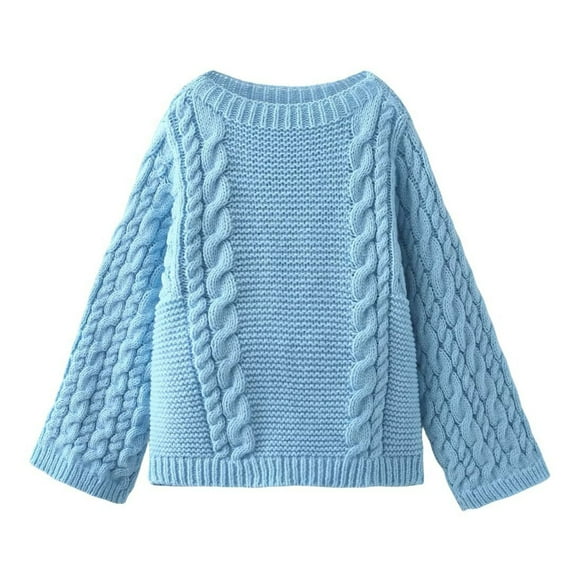 Women's Solid Sweaters Oversized Crew Neck Long Sleeve Outfit Cable Knitted Sweater Tops Blue S