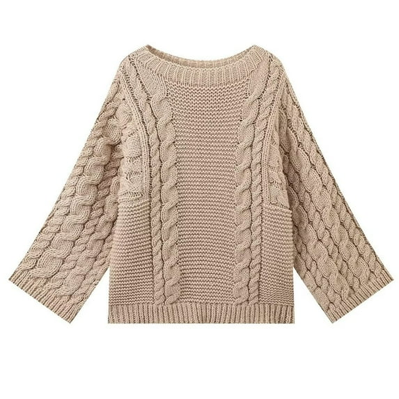 Women's Solid Sweaters Oversized Crew Neck Long Sleeve Outfit Cable Knitted Sweater Tops Khaki S