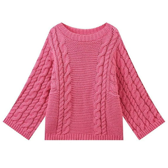Women's Solid Sweaters Oversized Crew Neck Long Sleeve Outfit Cable Knitted Sweater Tops Pink L