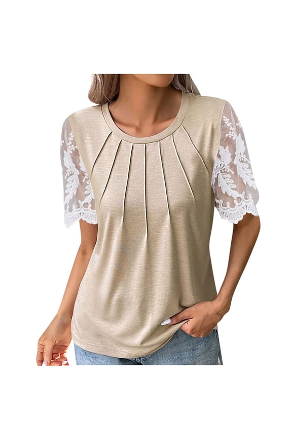 Women's Solid T-shirt Lace Short Sleeve Blouse - Round Neck Casual Top, Elegant Lace Detail, Comfortable Cotton Tee for Everyday Wear, Spring and Summer Fashion, Available in Multiple Sizes