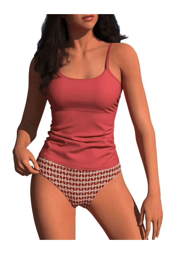 Women's Solid Terracotta Scoop Neck Side Ruched Two Piece Tankini Swim Set, Adjustable Thin Spaghetti Strap Slimming Tank Top & 3D Geometric Cube Print High Cut Brief, Modest Tummy Control Bathing Su