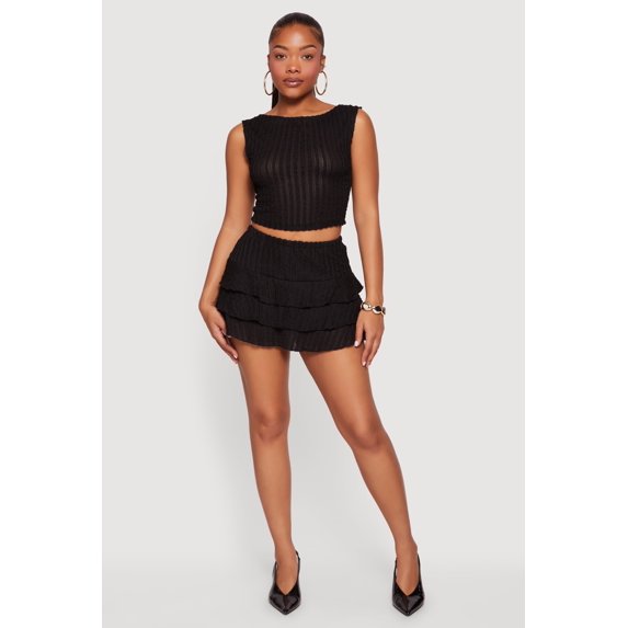 Women's Solid Textured Knit Tiered Mini Skirt