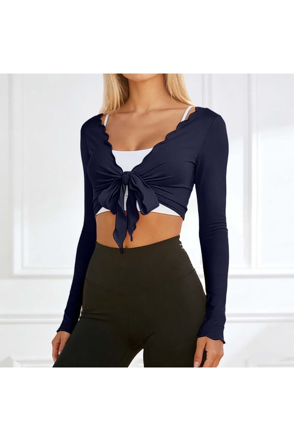 Women's Solid Tie Front Wrap Long Sleeve Crop Cardigan Yoga Ballet Cover Up
