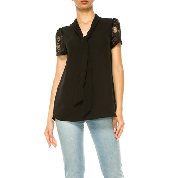Women's Solid Top with Front Tie Collar and Lace Sleeves