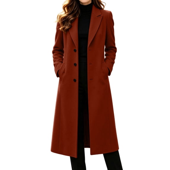 Women's Solid Turn Down Collar Long Overcoat Long Sleeve Casual Lapel Long Length Trench Coat Elegant Loose Fit Winter Outerwear Jacket for Daily Wear Orange