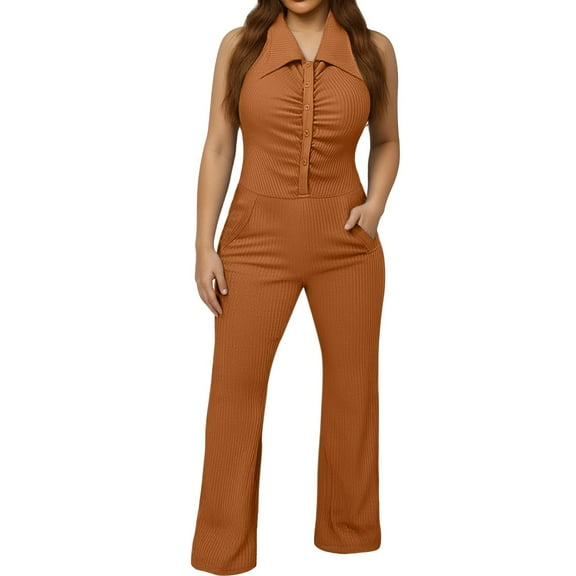 Women's Solid Turndown Backless Zipper Long Jumpsuit, Strapless, Street Wear, Polyester Blend, Suitable for Spring/Summer/Autumn, Multiple Sizes