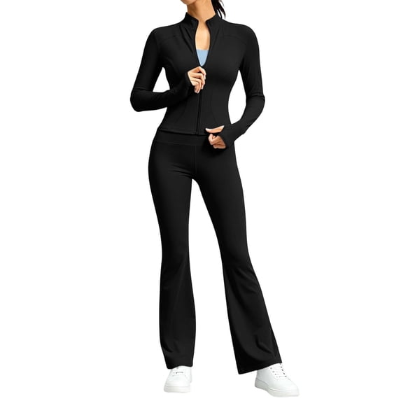 Women's Solid Two Piece Yoga Tracksuit Zip up Long Sleeve Top and Elastic Waist Flared Pants Stretch Workout Outfit Comfort Sportswear for Gym and Daily Casual Wear S-3XL Black