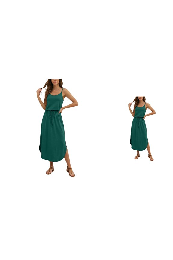 Women’s Solid U-Neck Midi Dress with Adjustable Drawstring Side Slit, Sleeveless Spaghetti Strap Design for Beach to Brunch, Perfect Summer Casual Lounge Dress