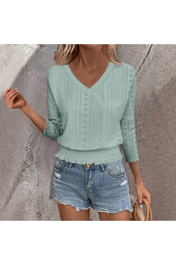 Women's Solid V Neck 3/4 Sleeve Eyelet Embroidery Tops Smocked Ruffle Hem Hollow Out Blouses