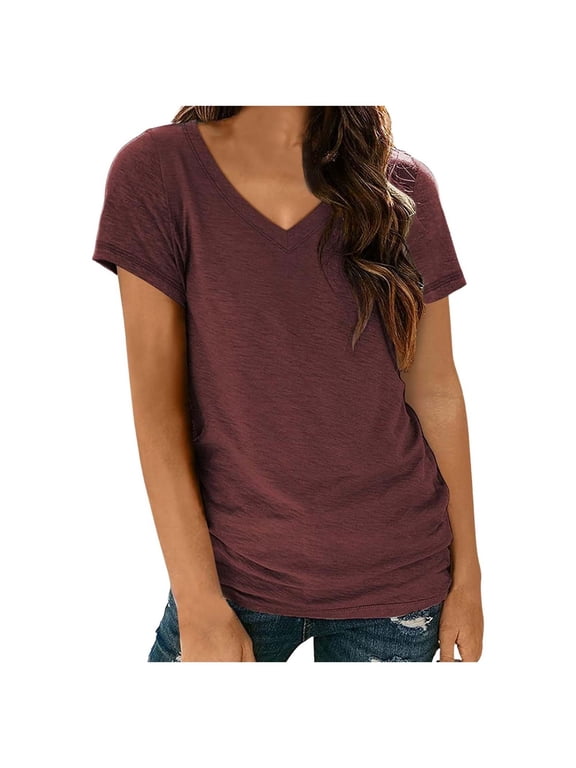 Women's Solid V-Neck Casual Short Sleeve T-Shirt - Soft Cotton Blend, Versatile Everyday Top