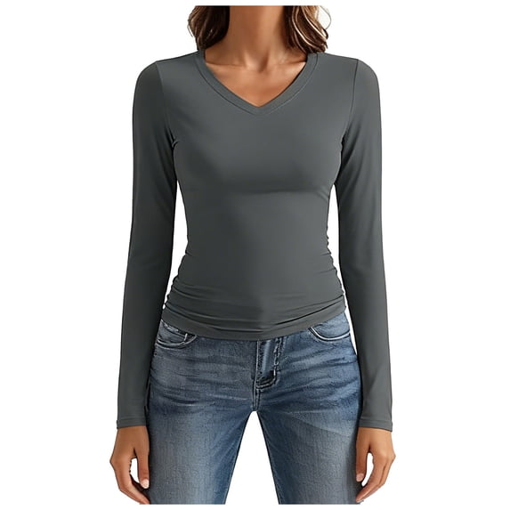 Women's Solid V Neck Crop Long Sleeve Tops Slim Stretchy Basic Y2K Casual Layering Blouses