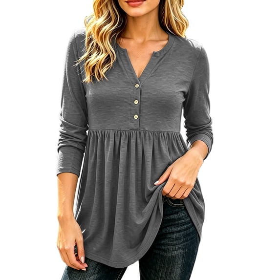 Women's Solid V Neck Henley Shirts Pleated Empire Waist Long Sleeve Tunic Tops Loose Flowy Work Shirts Soft Casual Fall Peplum Blouses Gray