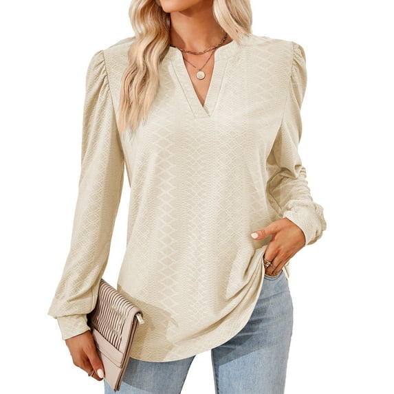Women's Solid V-Neck Jacquard Casual Warm Long
Sleeve Loose T-shirt top Fall