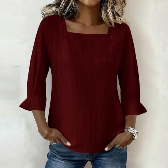 Women's Solid V-Neck Long Sleeve Casual Top with Three-Quarter Sleeve