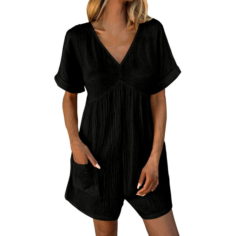 Women s Solid V Neck Romper for Tall Women Pocket Zippered Short Sleeve Jumpsuit Interview Outfits for Women Casual Sequined Romper plus Size