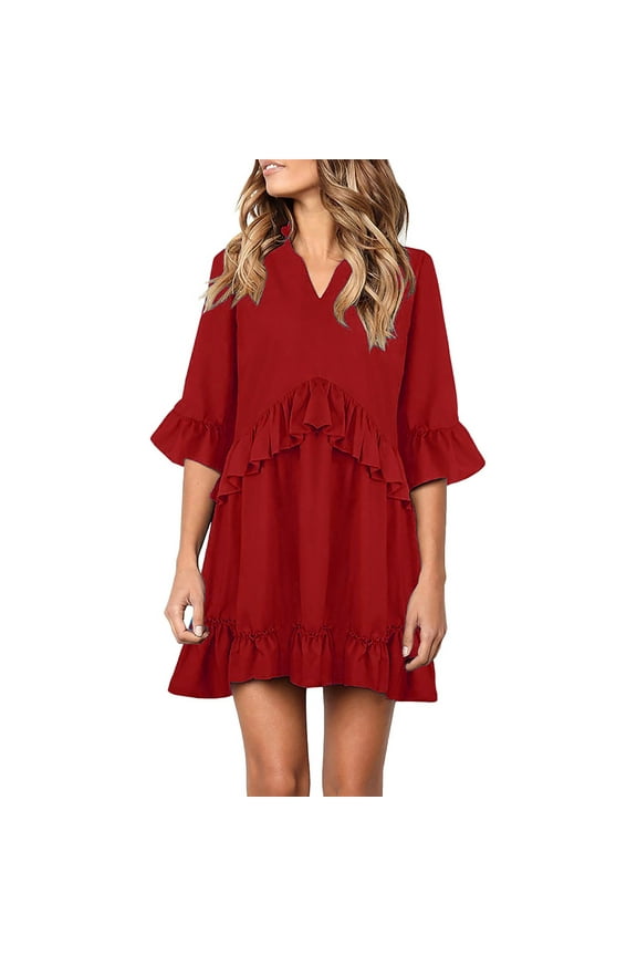 Women's Solid V Neck Ruffles Half Sleeve Swing Midi Loose Dress Summer Vintage Boho Flowy Sundresses Fall Wedding Guest Formal Dress Beach Hawaiian Tshirt Sun Dress Homecoming Prom Bodycon Dress