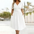 thumbnail image 1 of Women's Solid V-Neck Short Sleeve Mid Calf Summer Casual Dress, 1 of 5