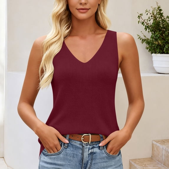 Women's Solid V-Neck Sleeveless Knit Sweater Casual Layering Tank Top