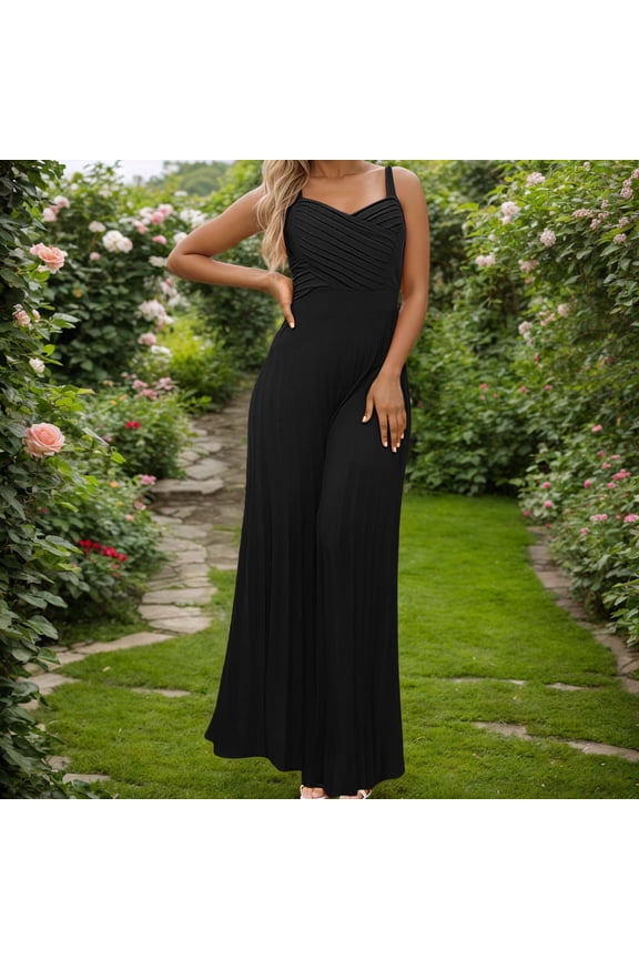 Women’s Solid V Neck Spaghetti Strap Jumpsuits Wide Leg Pleated Pants Summer Overalls Jumpsuit Women plus Sweater Jumpsuit Womens Travel Outfits Juniors Jumpsuits Formal Long Sleeve Jumpsuits for