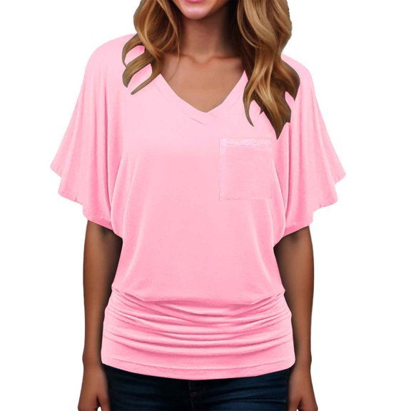 Women's Solid V Neck T Shirt Casual Stretchy Waist Comfortable Summer Fall Top for Everyday Wear with Jeans Fall Fashion,Color:Pink,Size:XXL