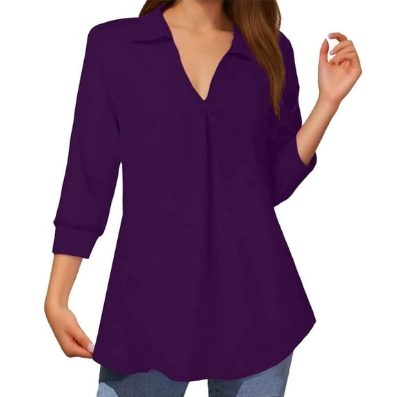 Women's Solid V Neck Three Quarter Sleeve Casual Top - Loose Fit, Spring/Autumn, Jeans Pairing, Machine Washable