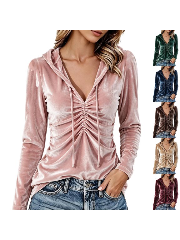 Women's Solid Velvet Hooded Long Sleeve Top V Neck Drawstring Ruched Front Slim Casual Pullover for Dating Party Daily Wear Wine