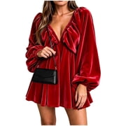 Womens Solid Velvet Mini Dress Deep V Neck Long Puff Sleeve Ruffled Loose Swing Hem Elegant Nightclub Party Dress Red