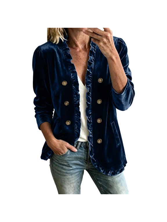 Women's Solid Velvet Ruffled Jacket Open Front Double Breasted Button Casual Long Sleeve Coat with Pockets, Lightweight Loose Outerwear for Spring Fall Blue