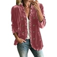 thumbnail image 1 of Women's Solid Velvet Ruffled Jacket Open Front Double Breasted Button Casual Long Sleeve Coat with Pockets, Lightweight Loose Outerwear for Spring Fall Pink, 1 of 8