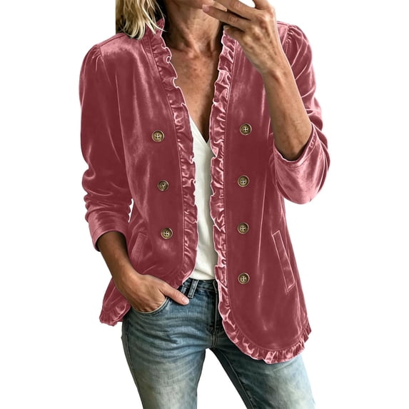 Women's Solid Velvet Ruffled Jacket Open Front Double Breasted Button Casual Long Sleeve Coat with Pockets, Lightweight Loose Outerwear for Spring Fall Pink