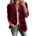 thumbnail image 1 of Women's Solid Velvet Ruffled Jacket Open Front Double Breasted Button Casual Long Sleeve Coat with Pockets, Lightweight Loose Outerwear for Spring Fall Wine, 1 of 9