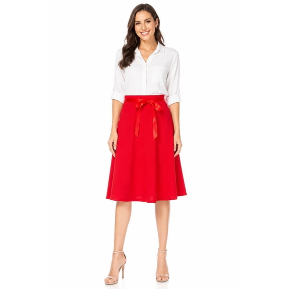 Women's Solid Vintage High Waist A-Line Midi Skirt with Bow Tie Belt