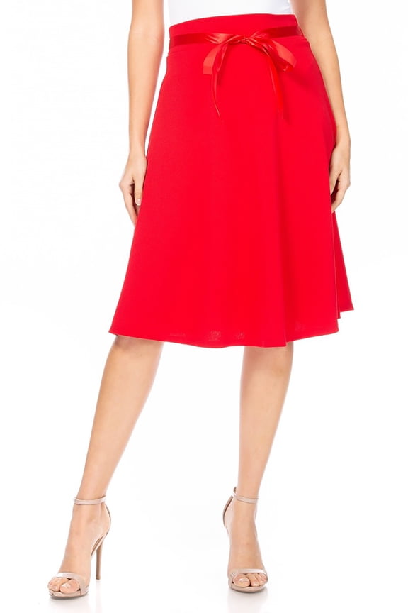 Women's Solid Vintage High Waist A-Line Midi Skirt with Bow Tie Belt