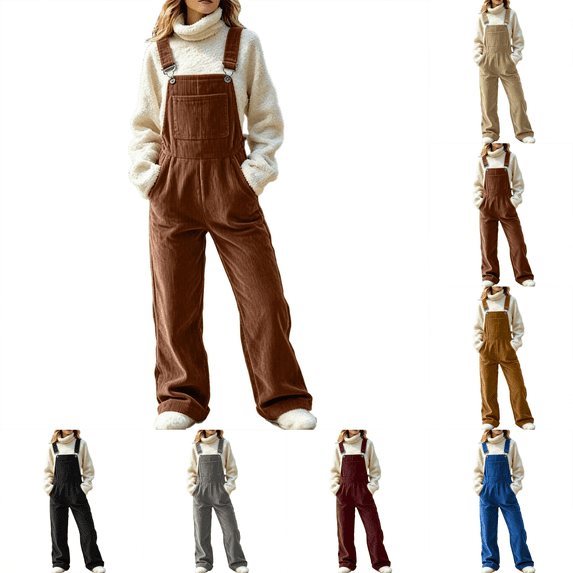 Women’s Solid Vintage Corduroy Overalls Adjustable Strap Wide Leg Bib Overall Jumpsuits With Pockets Casual Fall Winter Outfits