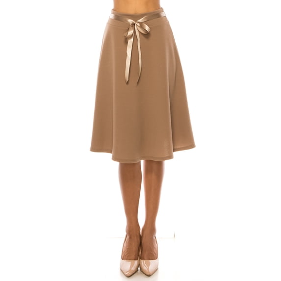 Women's Solid Vintage High Waist A-Line Midi Skirt with Bow Tie Belt