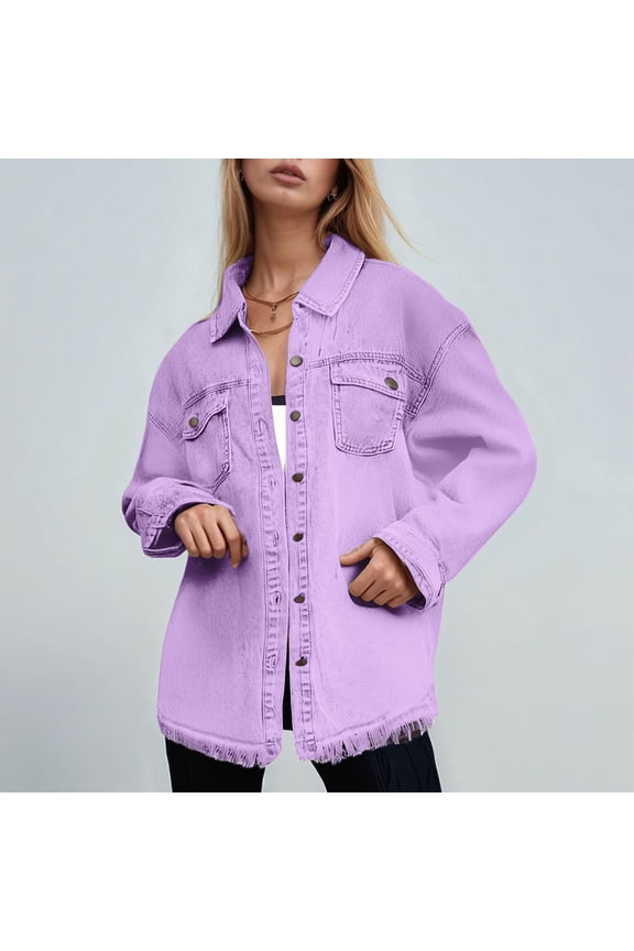Women's Solid Washed Denim Shirt Jacket With Hem Street Style Outerwear Light Jean Jacket for Women Women's Distressed Denim Jackets Jacket Long Women Women Oversize Jean Jacket Denim Jacket for Women