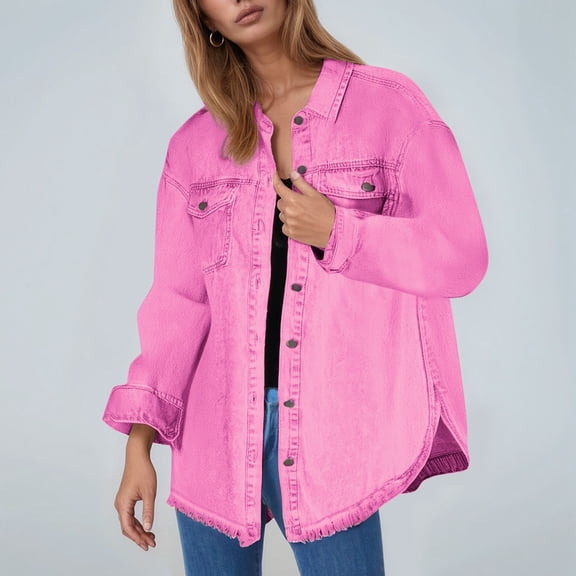 Women's Solid Washed Denim Shirt Jacket With Hem Street Style Outerwear Light Jean Jacket for Women Women's Distressed Denim Jackets Jacket Long Women Women Oversize Jean Jacket Denim Jacket for Women
