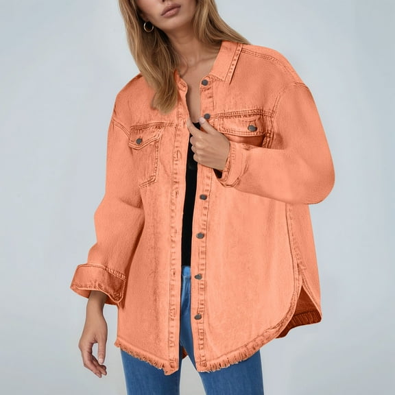 Women's Solid Washed Denim Shirt Jacket With Hem Street Style Outerwear Light Jean Jacket for Women Women's Distressed Denim Jackets Jacket Long Women Women Oversize Jean Jacket Denim Jacket for Women