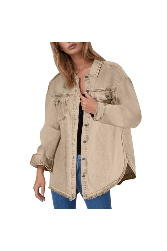 Women's Solid Washed Denim Shirt Jacket With Hem y2k Streetwear Oversized Button Down Frayed Hem Casual Distresse Jean Shacket Jackets